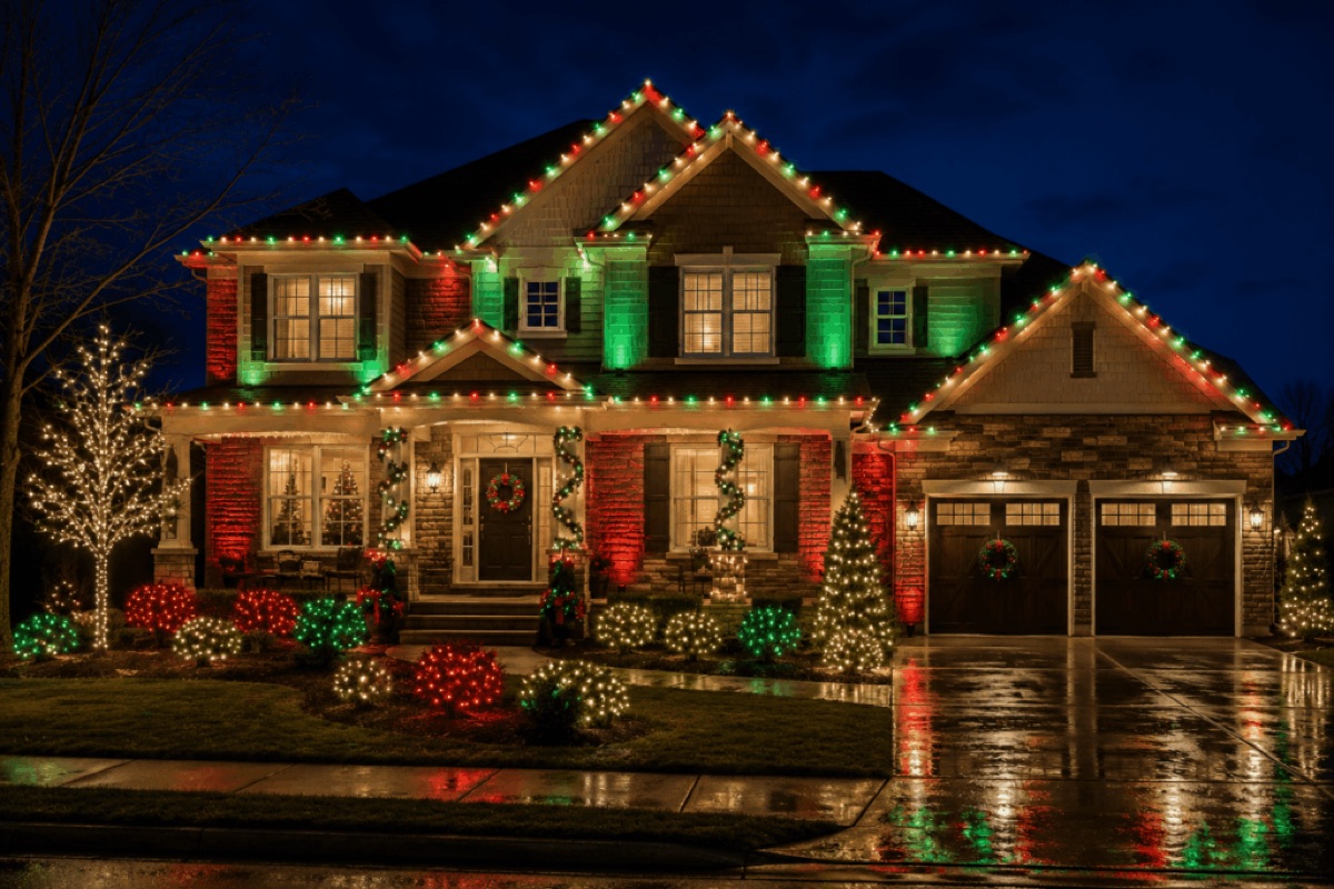 A home with its roofline lit in a red-and-green scheme, with matching red and green lit shrubs across the front yard.