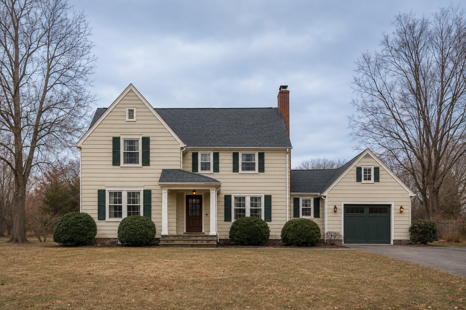Illustrative ivory clapboard house in daylight, with bare rooflines and rounded evergreen shrubs.