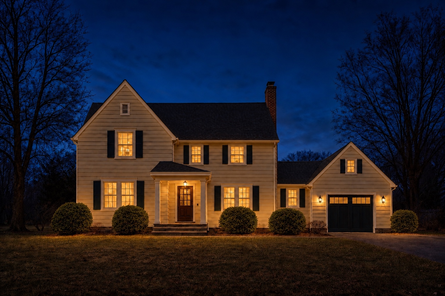 The same illustrative house at night, with warm white roofline lights, glowing shrubs and soft light falling onto the siding and lawn.